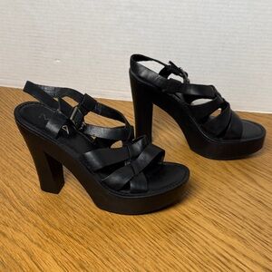 MIA Y2K Black Leather Woven Strappy Heeled Wooden Clog Sandals Made in Brazil 7